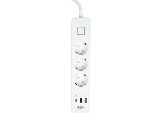 iiglo Överspänningsskydd 3x Uttag 2x USB, 1x USB C Brytare / 1.5m - Vit