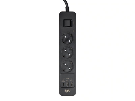 iiglo Överspänningsskydd 3x Uttag 2x USB, 1x USB C Brytare / 1.5m - Svart