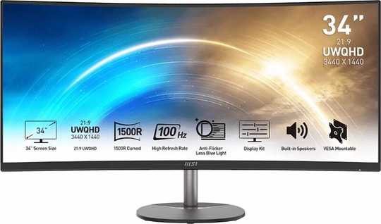 MSI PRO MP341CQ Curved 1500R / 34" / UWQHD 3K / 4ms / VA / DP, 2xHDMI / FreeSync